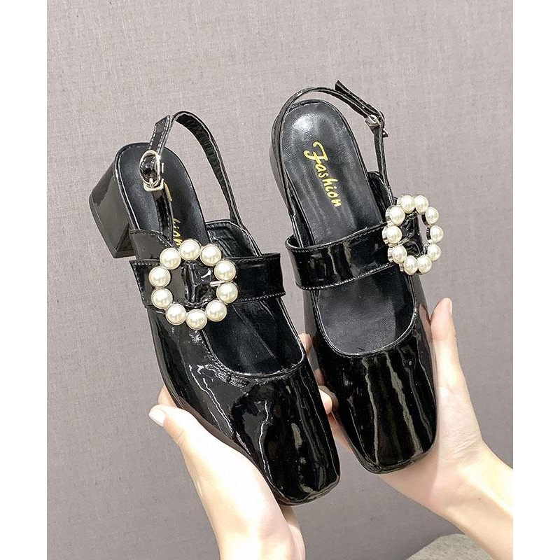 Black High Heels Chunky Faux Leather Comfy Buckle Strap High Heels