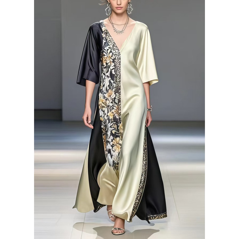 Black Patchwork Silk Long Dresses Asymmetrical Print Summer