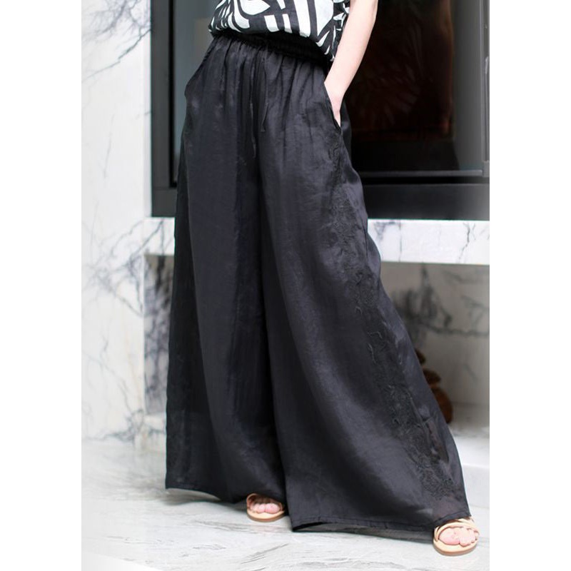 Black Pockets Elastic Waist Thin Linen Wide Leg Pants Spring