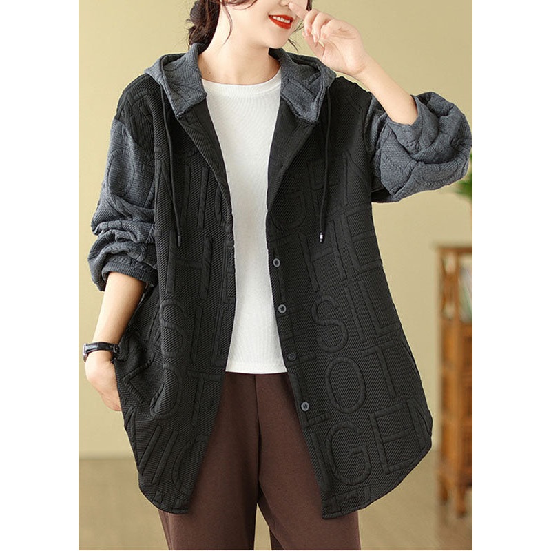 Black Print Drawstring Hooded Coats Fall