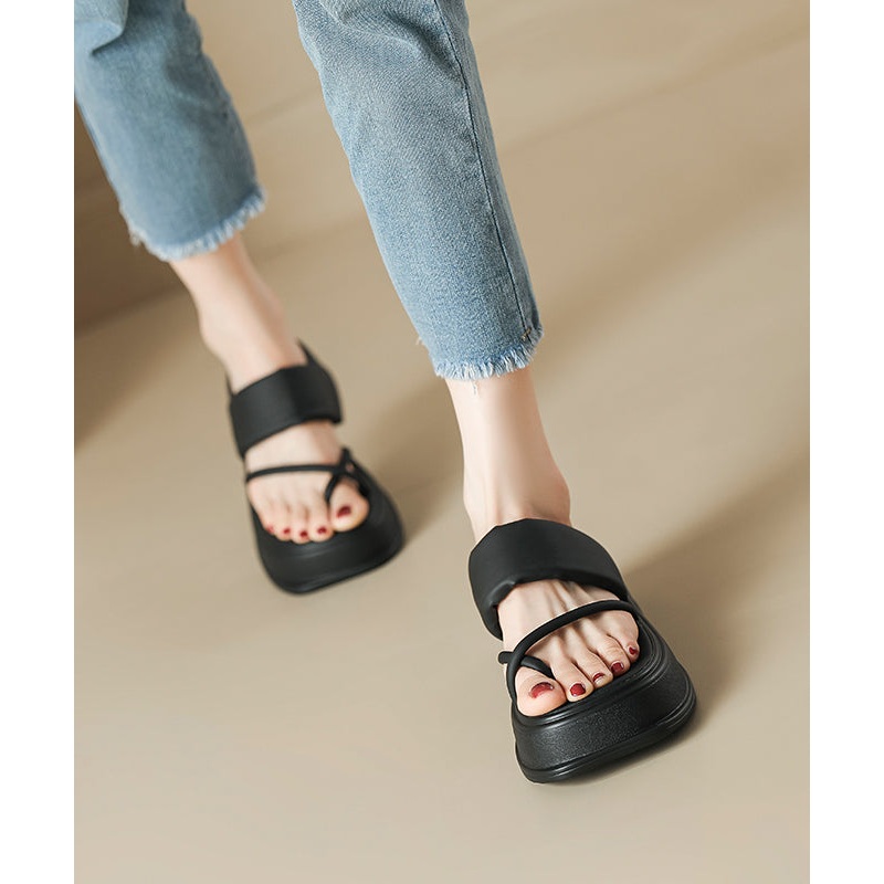Black Thong Sandals Platform Faux Leather Fashion Splicing