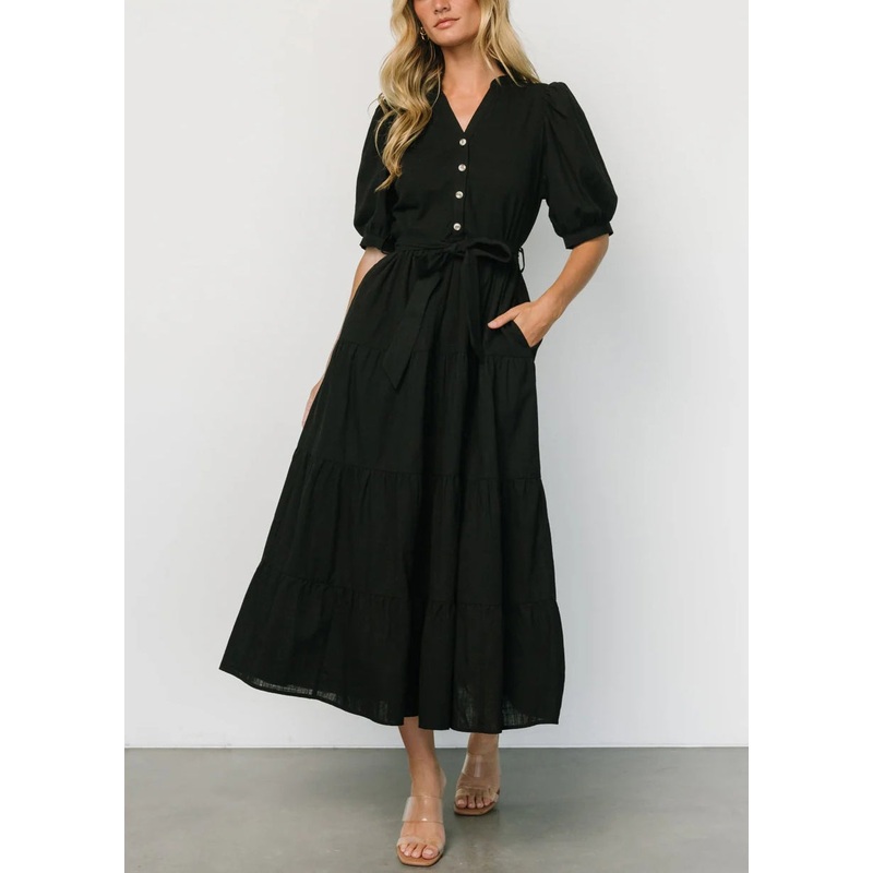 Black Tie Waist Cotton Long Dresses V Neck Short Sleeve
