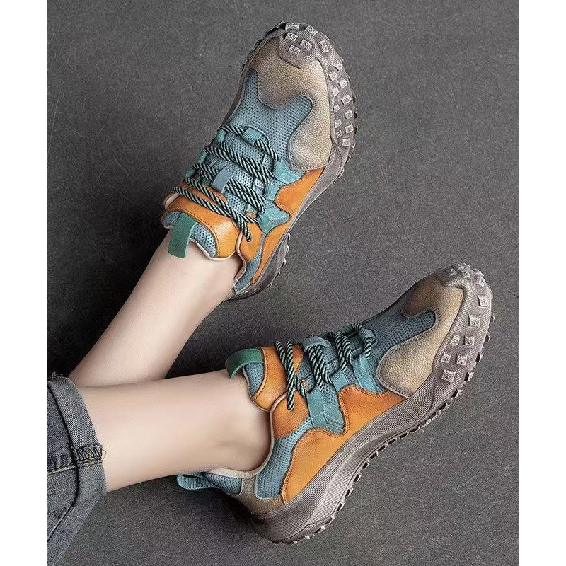 Blue Flat Shoes Platform Cowhide Leather Casual Splicing Lace Up