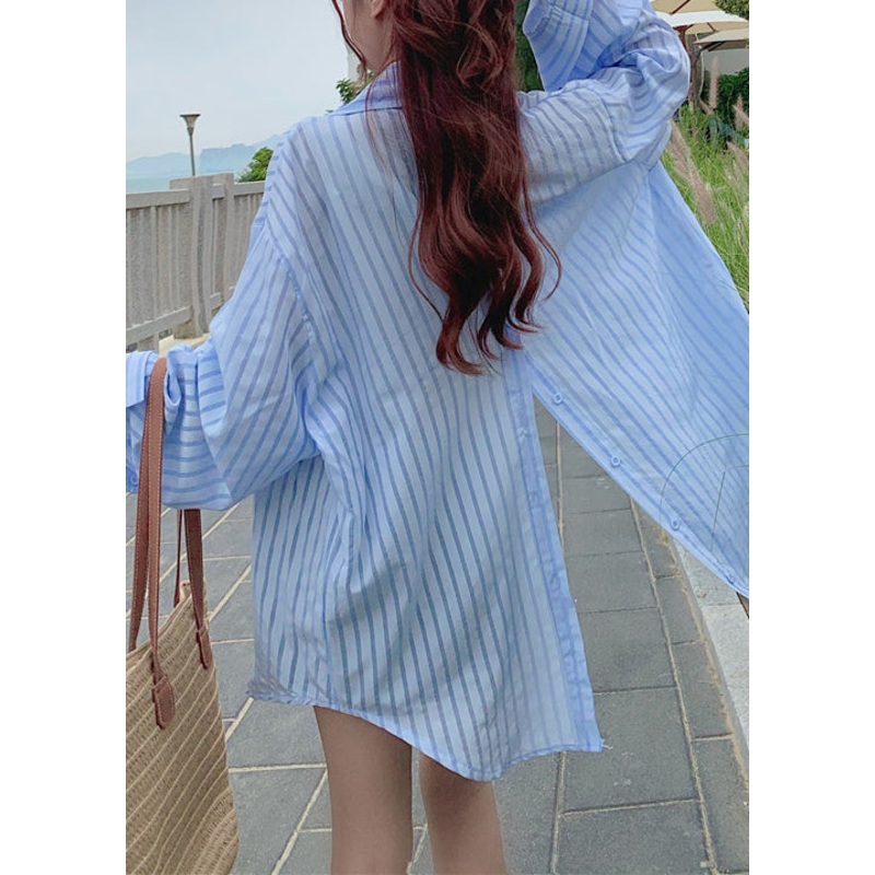 Blue Striped Cotton Shirt Tops Peter Pan Collar Fall