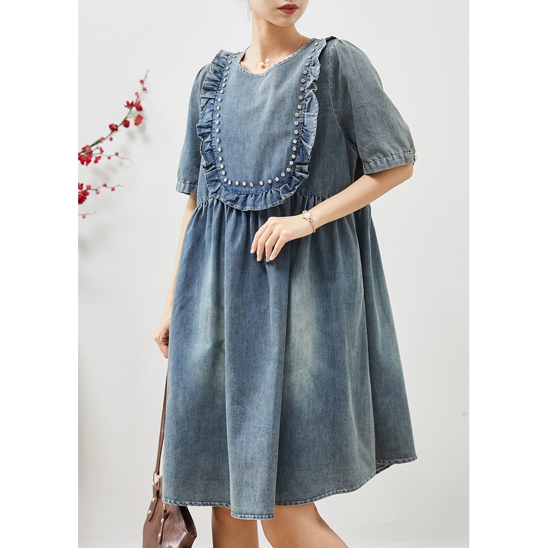 Bohemian Blue Ruffled Nail Bead Denim Dresses Summer
