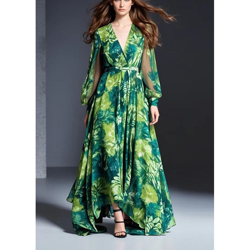 Bohemian Green V Neck Print Chiffon Dresses Fall