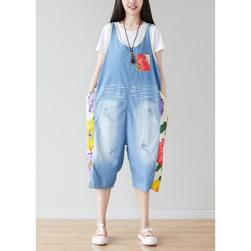 Bohemian Light Blue Oversized Patchwork Print Cotton Denim Jumpsuits Summer