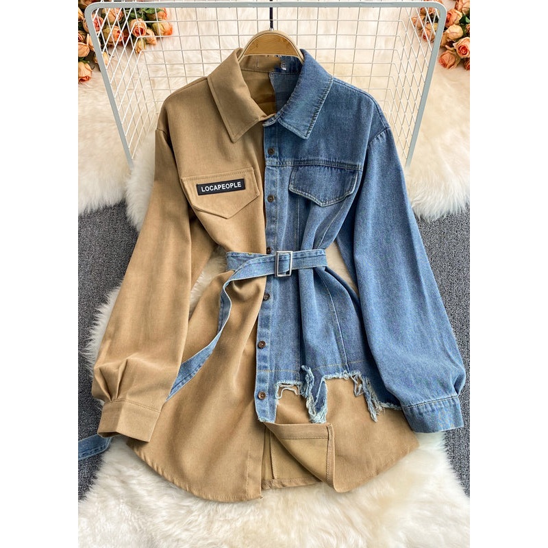 Boho Khaki Peter Pan Collar Patchwork Button Denim Top Spring