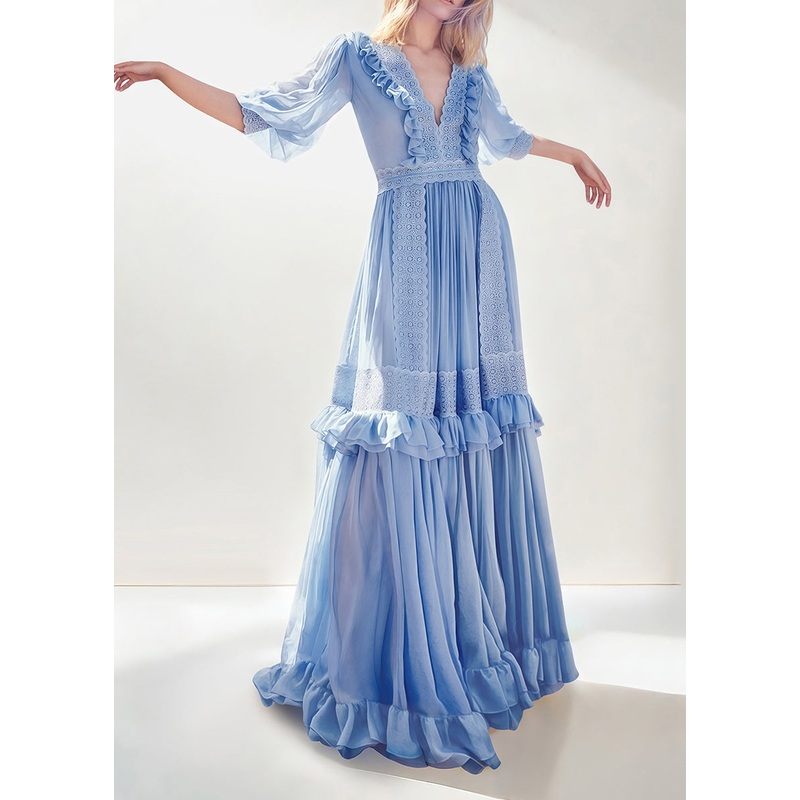 Boutique Blue V Neck Ruffled Lace Patchwork Silk Dress Spring