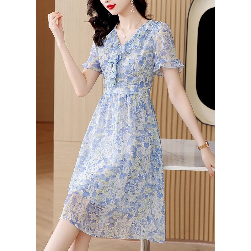 Boutique Light Blue V Neck Ruffled Print Chiffon Dresses Summer
