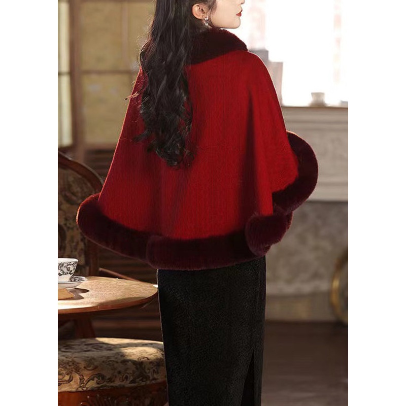Boutique Red Fur Collar Patchwork Warm Fleece Cape Winter