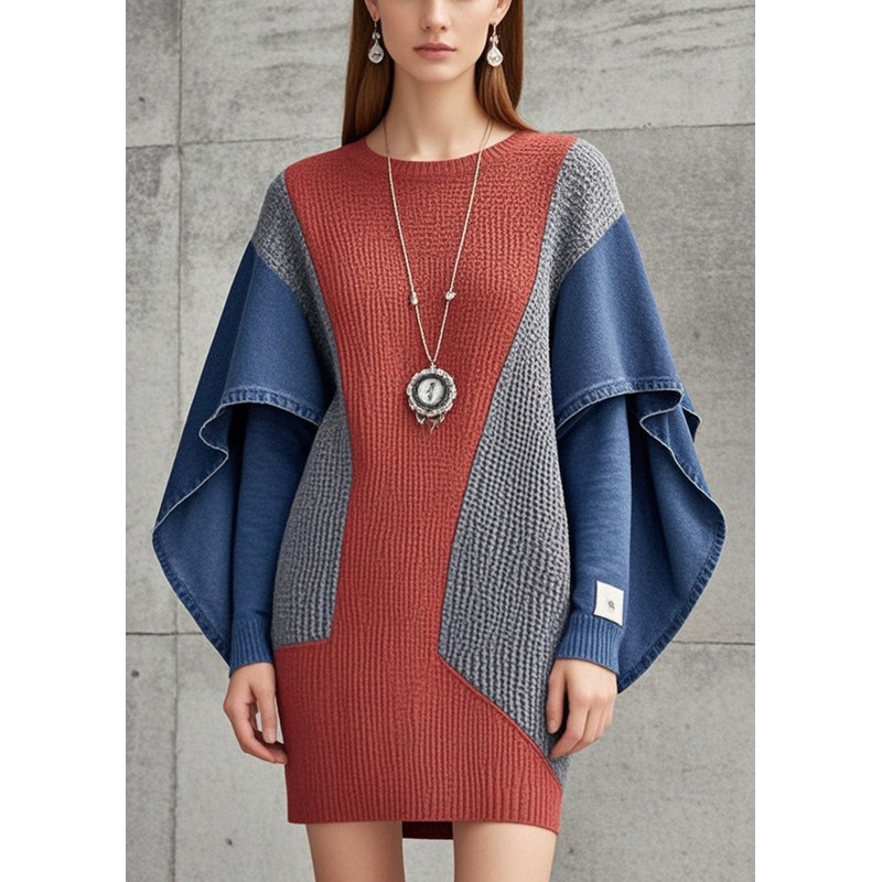 Brick Red Patchwork Denim Knit Sweater Dress Oversized Butterfly Sleeve