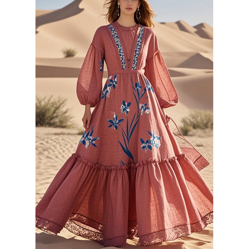 Brick Red Print Cotton Party Dress Exra Large Hem Fall