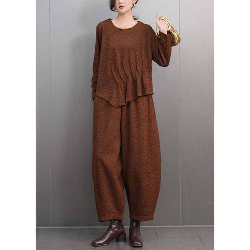 Casual Brown O-Neck Print T Shirts And Lantern Pants Two Pieces Set Spring