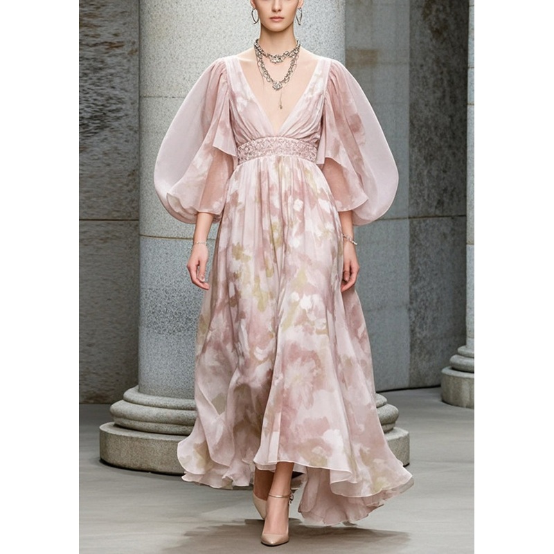 Casual Light Pink Puff Sleeve Print Chiffon Cinched Dress