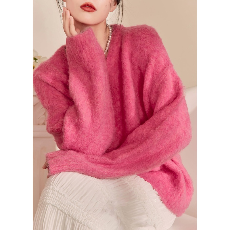 Casual Pink O-Neck Thick Cotton Knit Sweaters Winter