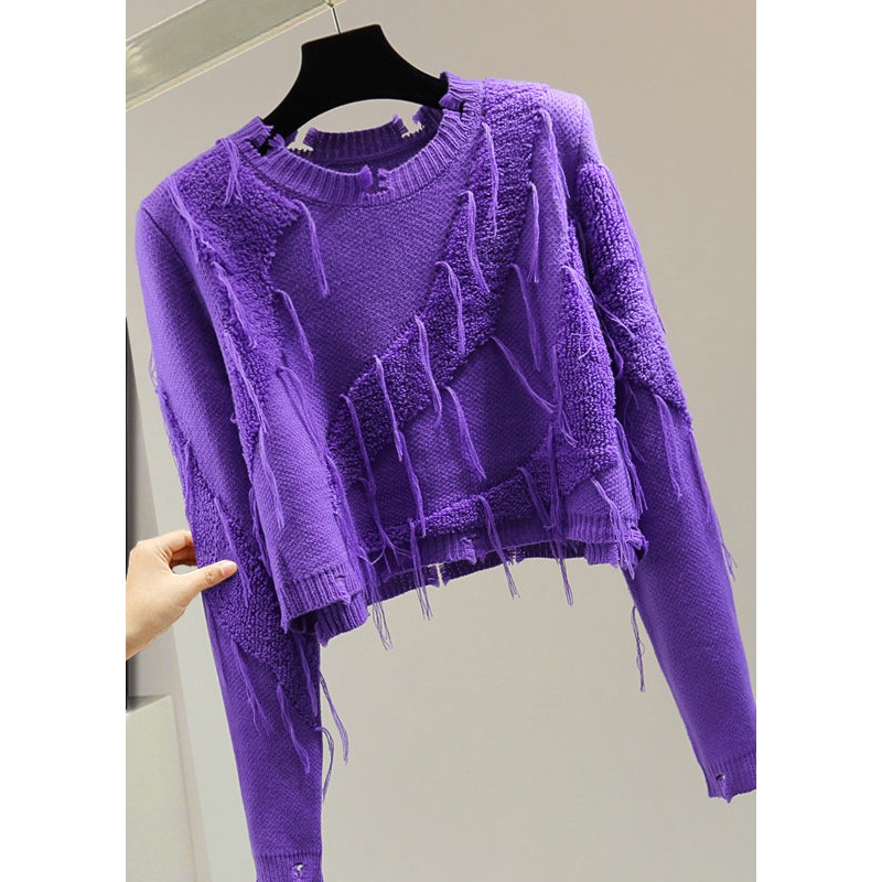 Casual Purple O-Neck Ripped Tassel Cotton Knit Sweater