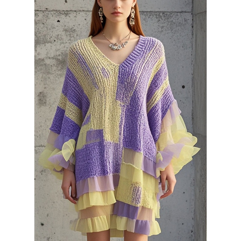Casual Purple Ruffled Patchwork Knit Sweater Dress Fall