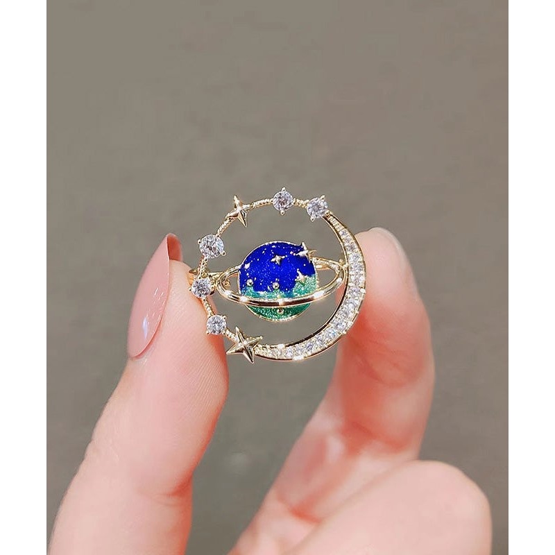 Chic Blue Alloy Zircon Cosmic Planet Brooch