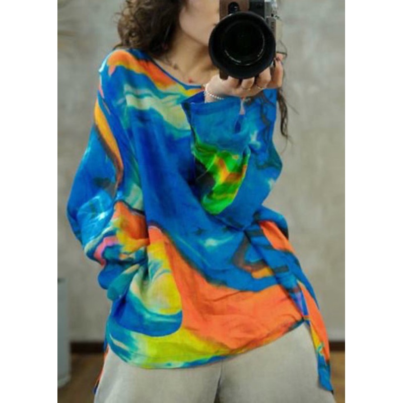 Chic Blue O-Neck Print Cotton T Shirt Long Sleeve