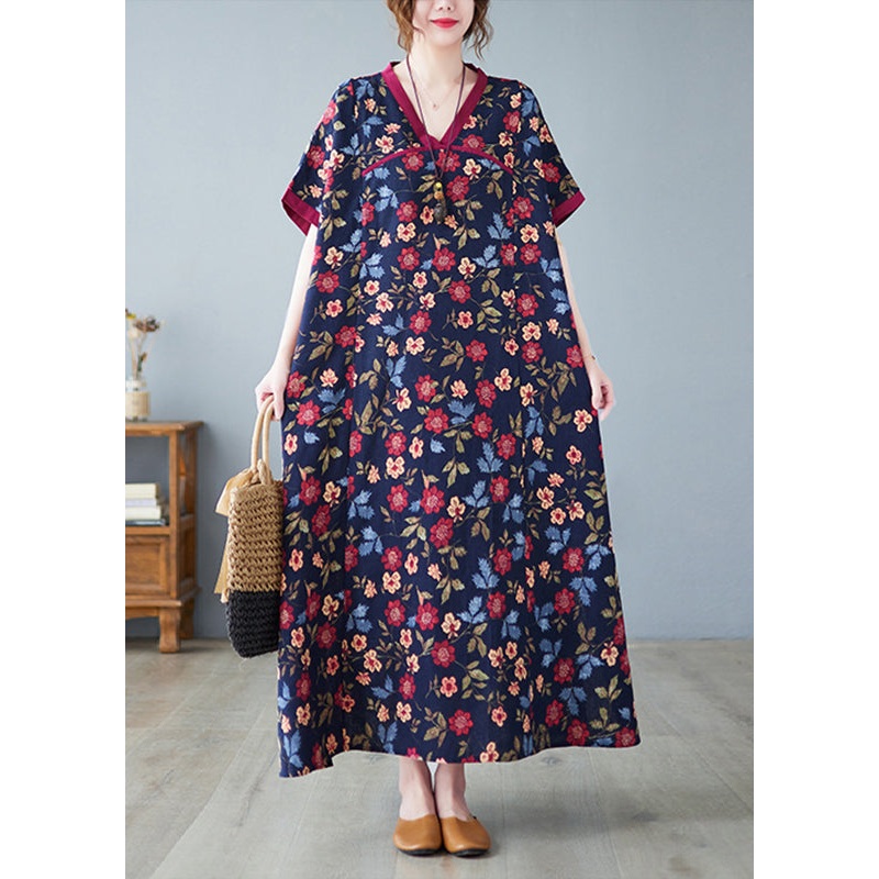 Chinese Style Dark Blue V Neck Print Patchwork Long Dresses Short Sleeve