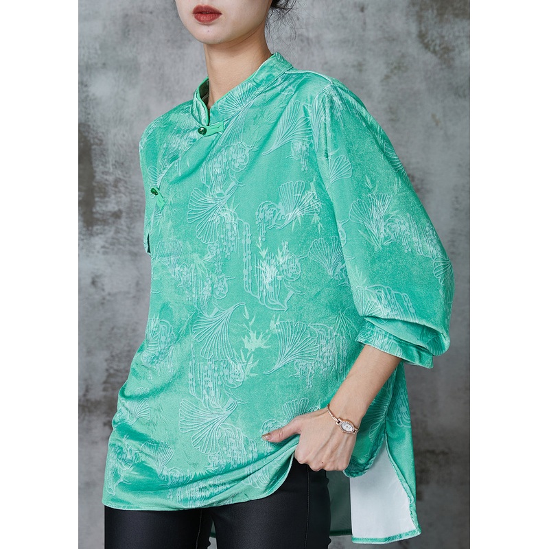 Chinese Style Green Jacquard Silk Shirt Top Spring