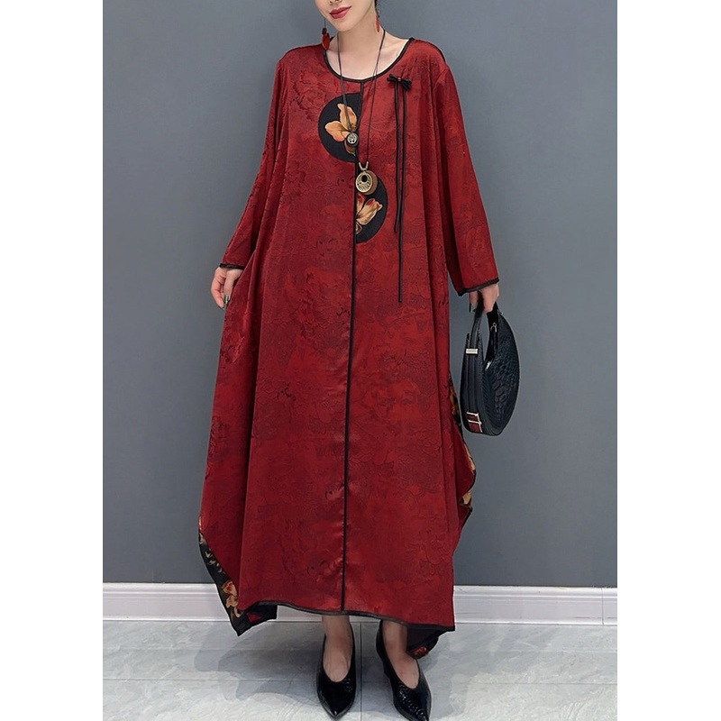 Chinese Style Red O-Neck Patchwork Holiday Silk Long Dress Long Sleeve