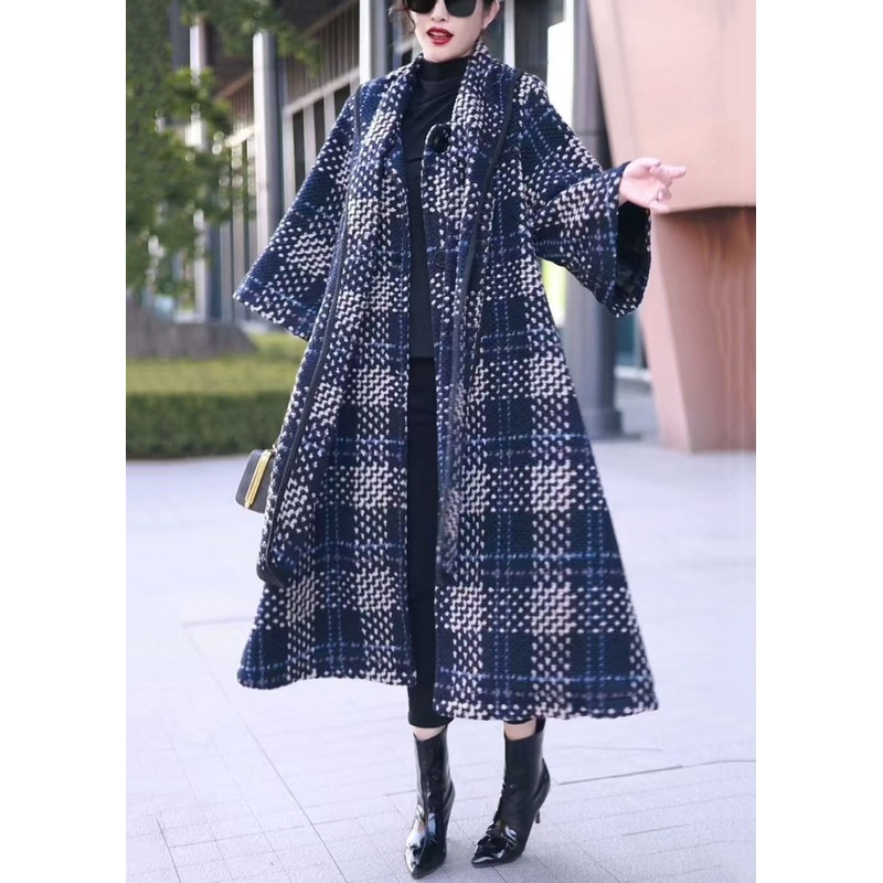 Classy Blue Plaid Bow Button Loose Woolen Coats Winter