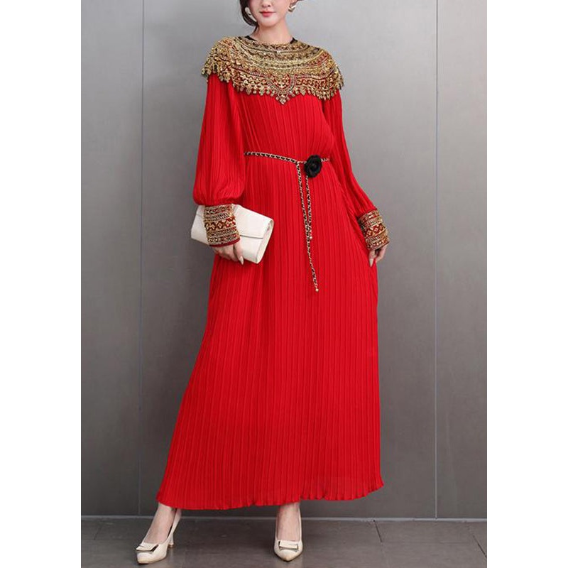 Classy Red O-Neck Sequins Sashes Holiday Maxi Dress Lantern Sleeve