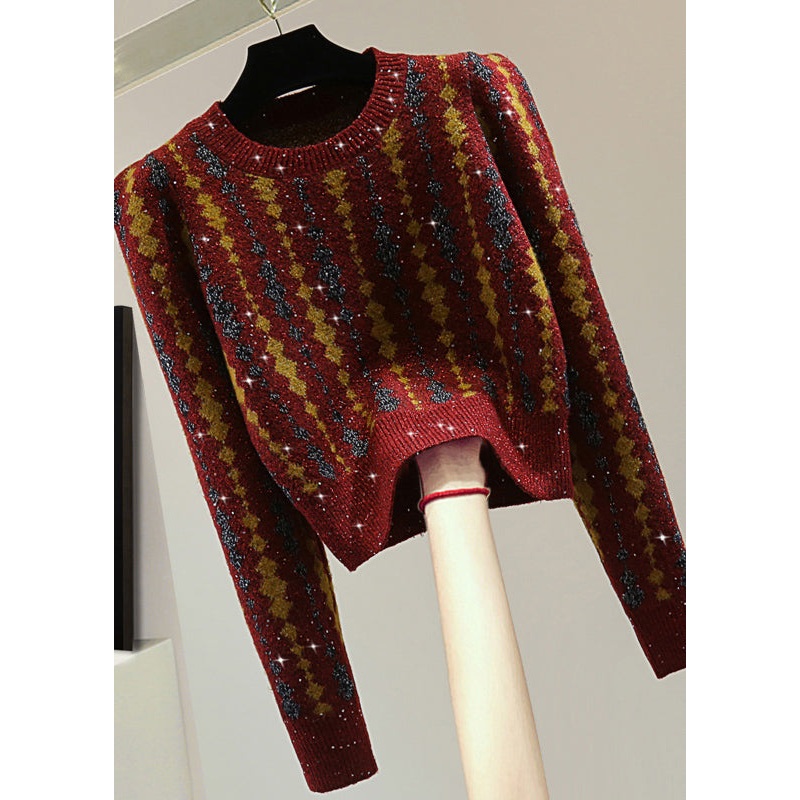 Classy Red Striped Sequins Cotton Knit Sweater Puff Sleeve