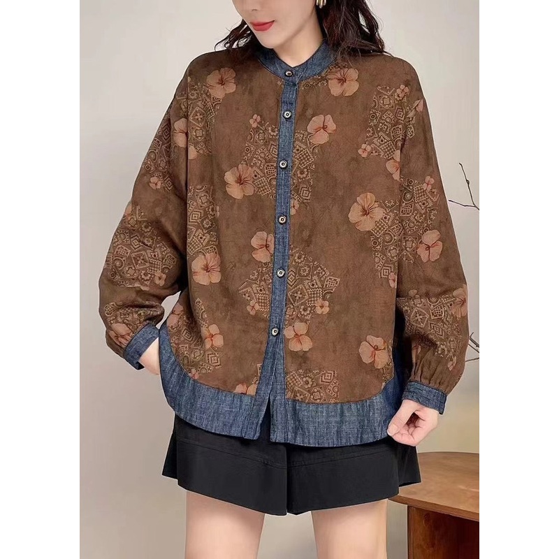 Coffee O-Neck Button Tops Long Sleeve
