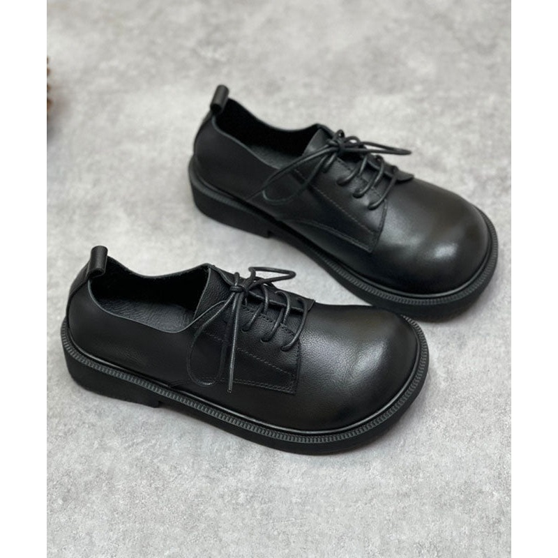 Cowhide Leather Flat Shoes Lace Up Flat Feet Shoes