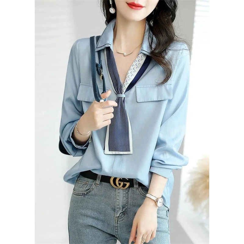 DIY Blue Peter Pan Collar Patchwork Tops Spring