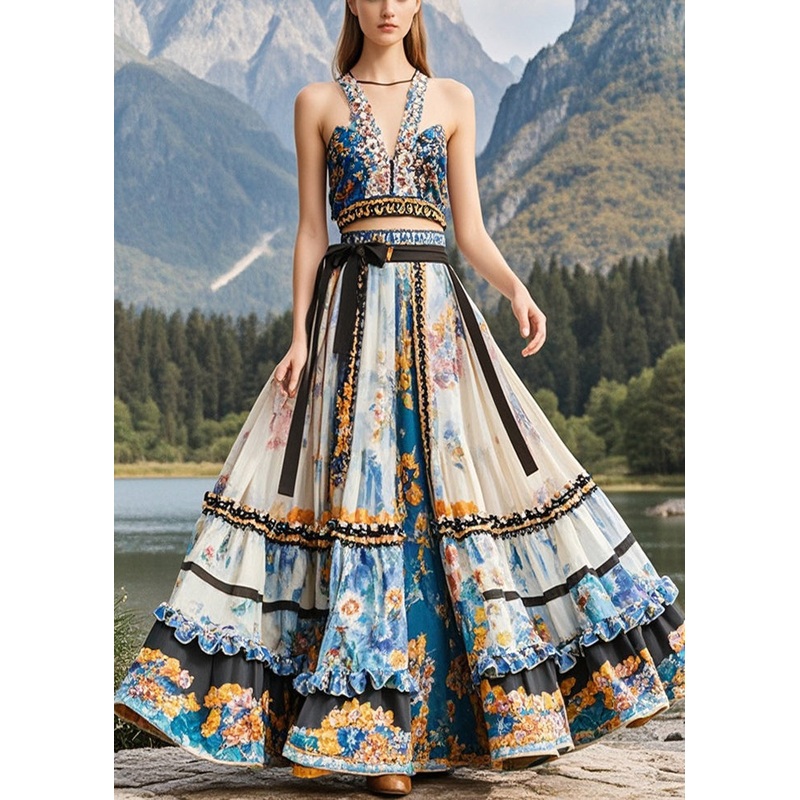 Elegant Apricot Ruffled Print Exra Large Hem Chiffon Skirts Fall