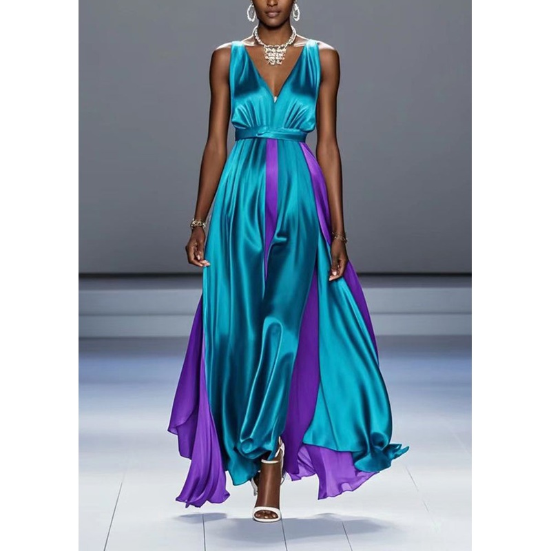 Elegant Green Asymmetrical Patchwork Exra Large Hem Silk Long Dress Summer