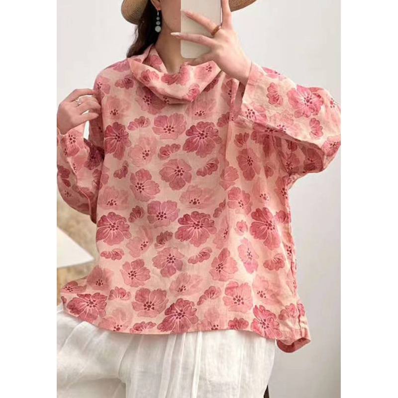 Elegant Pink Turtleneck Print Linen Shirt Long Sleeve