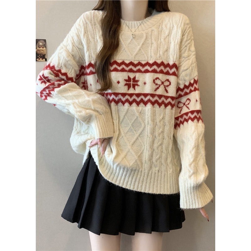 Fashion Beige O Neck Jacquard Thick Knit Sweater Winter
