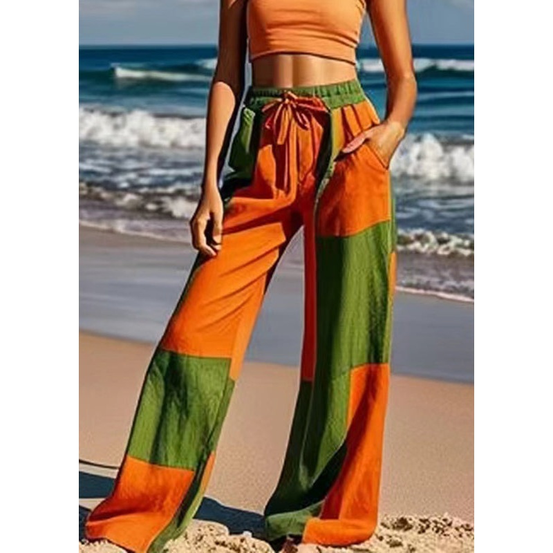 Fashion Colorblock Tie Waist Wide Leg Pants Summer