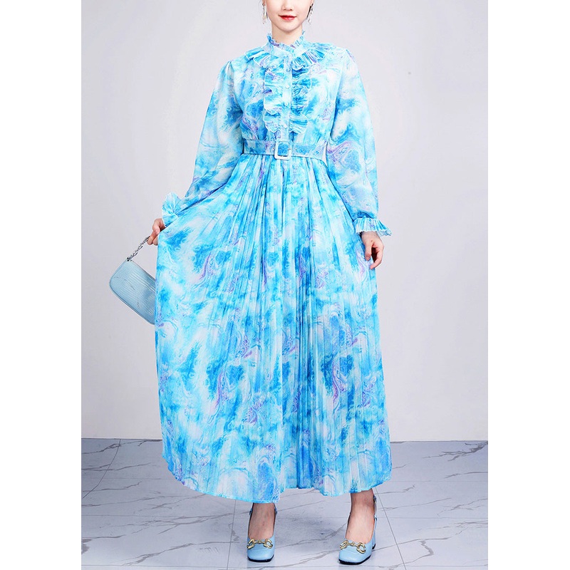 Fitted Blue Ruffled Print Sashes Chiffon Dresses Long Sleeve
