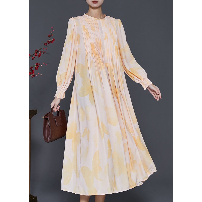 French Apricot Floral Wrinkled Chiffon Dresses Spring