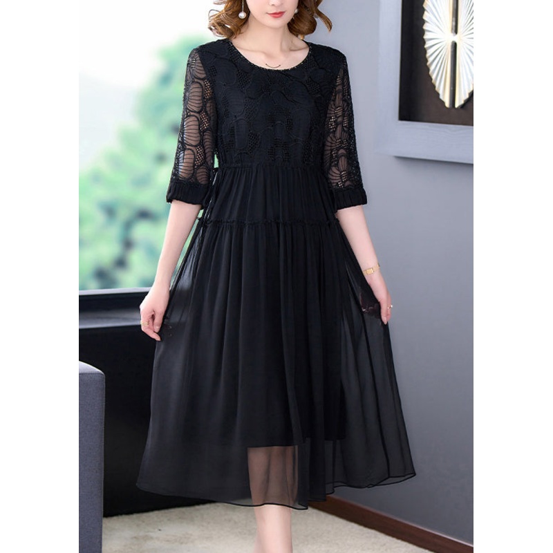 French Black Wrinkled Lace Up Chiffon Long Dress Half Sleeve