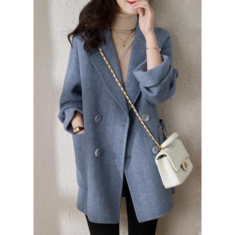 French Blue Notched Button Woolen Coat Spring