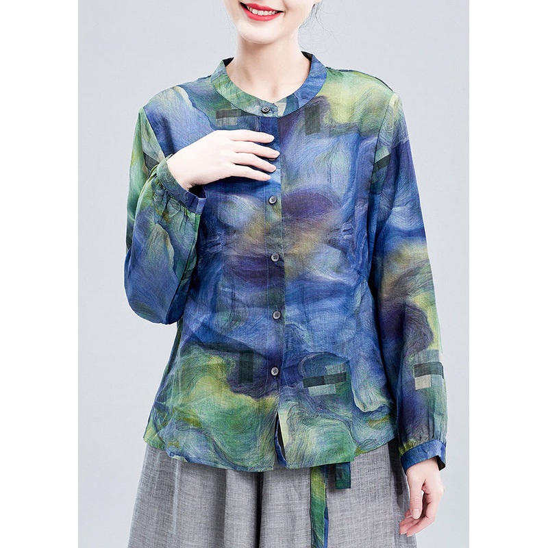French Blue O Neck Button Print Linen Blouse Long Sleeve