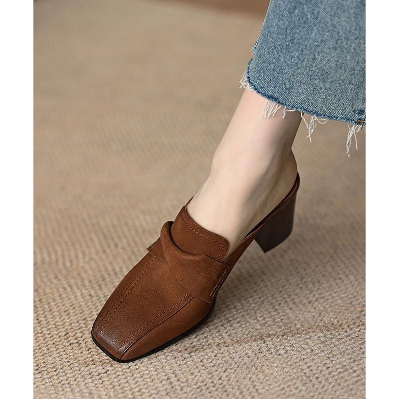 French Brown Chunky Heel Faux Leather Splicing Slide Sandals