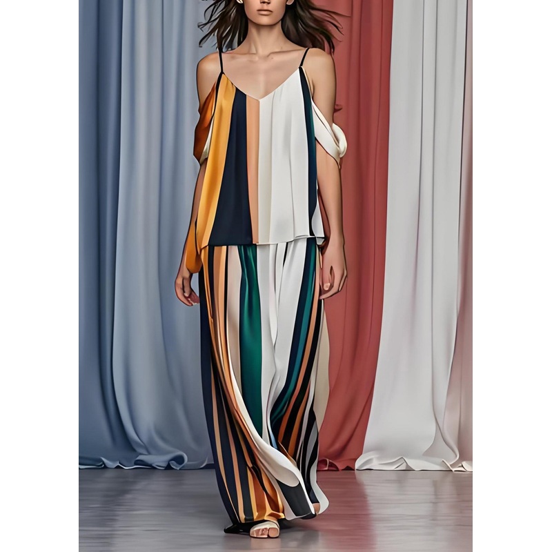 French Cold Shoulder Striped Silk Tops And Pants Set Sleeveless
