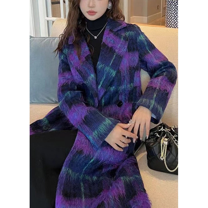 French Purple Plaid Notched Button Woolen Loose Coats Winter