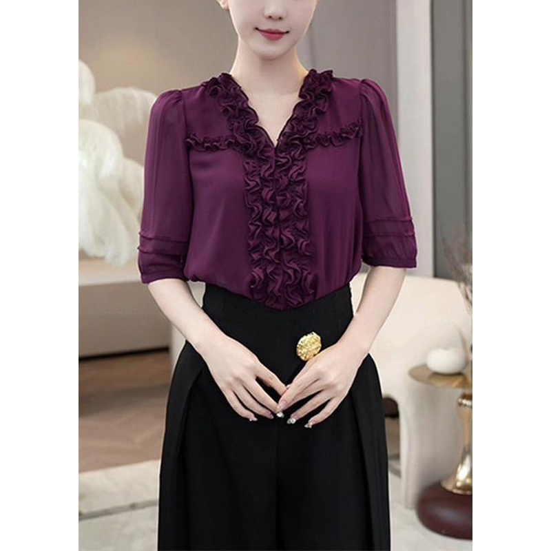 French Purple V Neck Ruffled Patchwork Cotton Chiffon Tops Summer