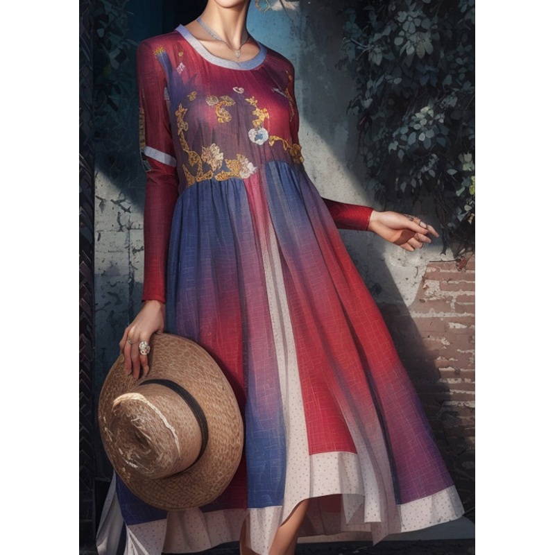 French Red O Neck Print Patchwork Cotton Maxi Dresses Long Sleeve