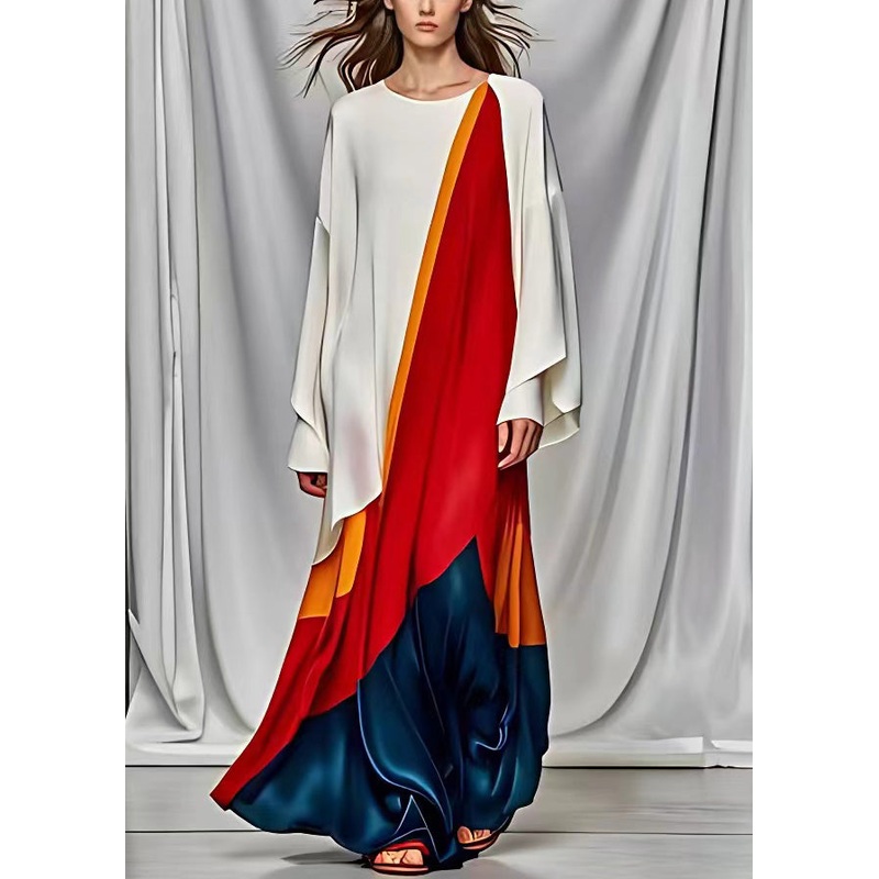 French White Asymmetrical Design Patchwork Silk Maxi Dresses Long Sleeve