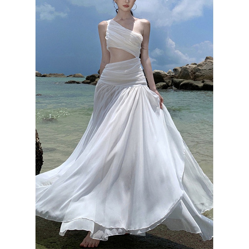 French White Asymmetrical Wrinkled Chiffon Vacation Dresses Sleeveless